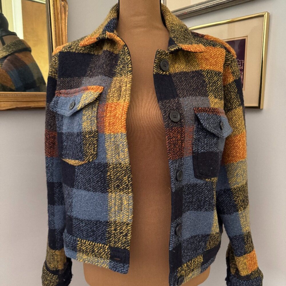 EUC House of Harlow 1968 Blue Yellow Lumberjack Plaid Chore / Bomber Wool Jacket